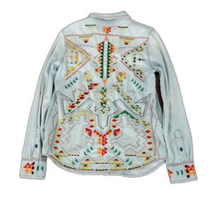 DRIFTWOOD LANA Geometric Embroidered Chambray Shirt, Light Blue Wash, Size M